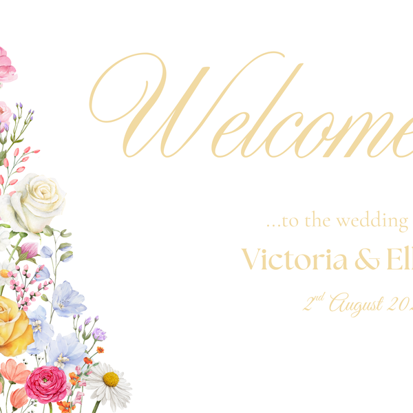 Landscape Summer Wedding Welcome Sign - Our Summer Collection features beautiful wedding stationery and signage with gentle summer colours, vibrant florals, and soft butter yellow text – perfect for adding a fresh, romantic feel to your special day.
