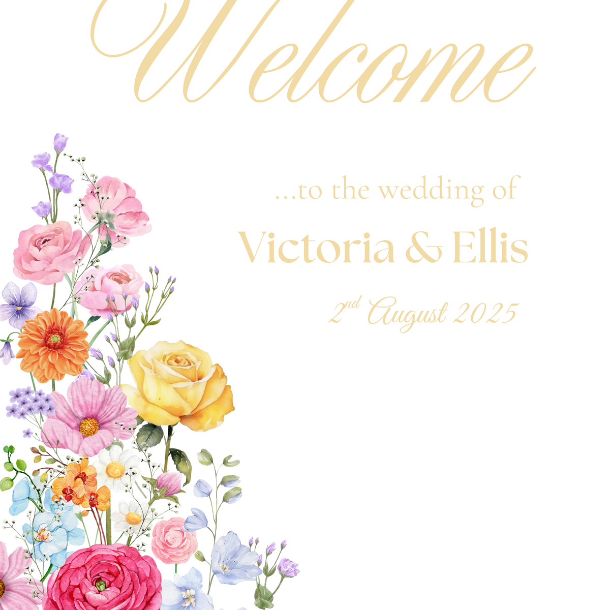 Portrait Wedding Welcome Sign - Our Summer Collection features beautiful wedding stationery and signage with gentle summer colours, vibrant florals, and soft butter yellow text – perfect for adding a fresh, romantic feel to your special day.
