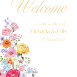 Portrait Wedding Welcome Sign - Our Summer Collection features beautiful wedding stationery and signage with gentle summer colours, vibrant florals, and soft butter yellow text – perfect for adding a fresh, romantic feel to your special day.