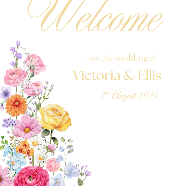 Portrait Wedding Welcome Sign - Our Summer Collection features beautiful wedding stationery and signage with gentle summer colours, vibrant florals, and soft butter yellow text – perfect for adding a fresh, romantic feel to your special day.