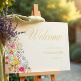 Landscape Summer Wedding Welcome Sign - Our Summer Collection features beautiful wedding stationery and signage with gentle summer colours, vibrant florals, and soft butter yellow text – perfect for adding a fresh, romantic feel to your special day.
