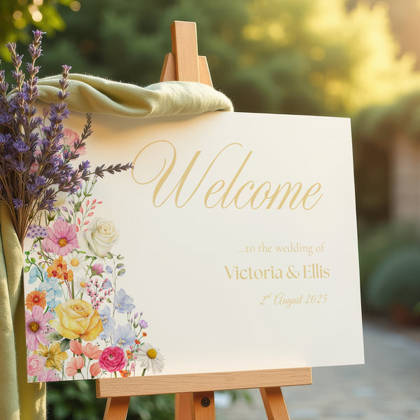 Landscape Summer Wedding Welcome Sign - Our Summer Collection features beautiful wedding stationery and signage with gentle summer colours, vibrant florals, and soft butter yellow text – perfect for adding a fresh, romantic feel to your special day.
