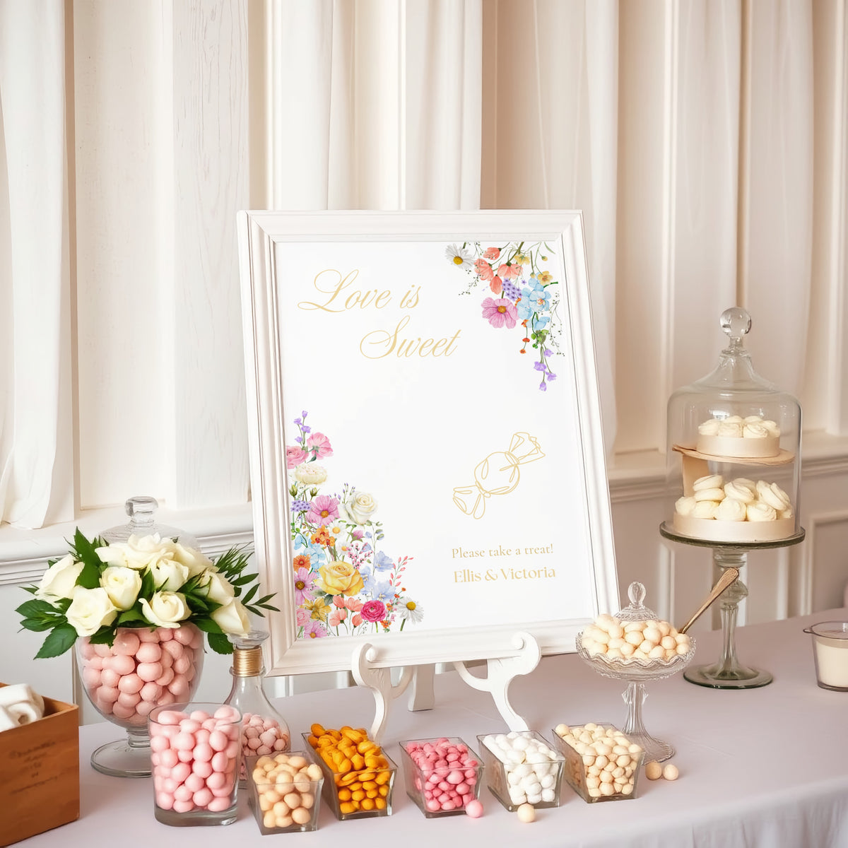 Love is Sweet Wedding Table Sign - Our Summer Collection features beautiful wedding stationery and signage with gentle summer colours, vibrant florals, and soft butter yellow text – perfect for adding a fresh, romantic feel to your special day.
