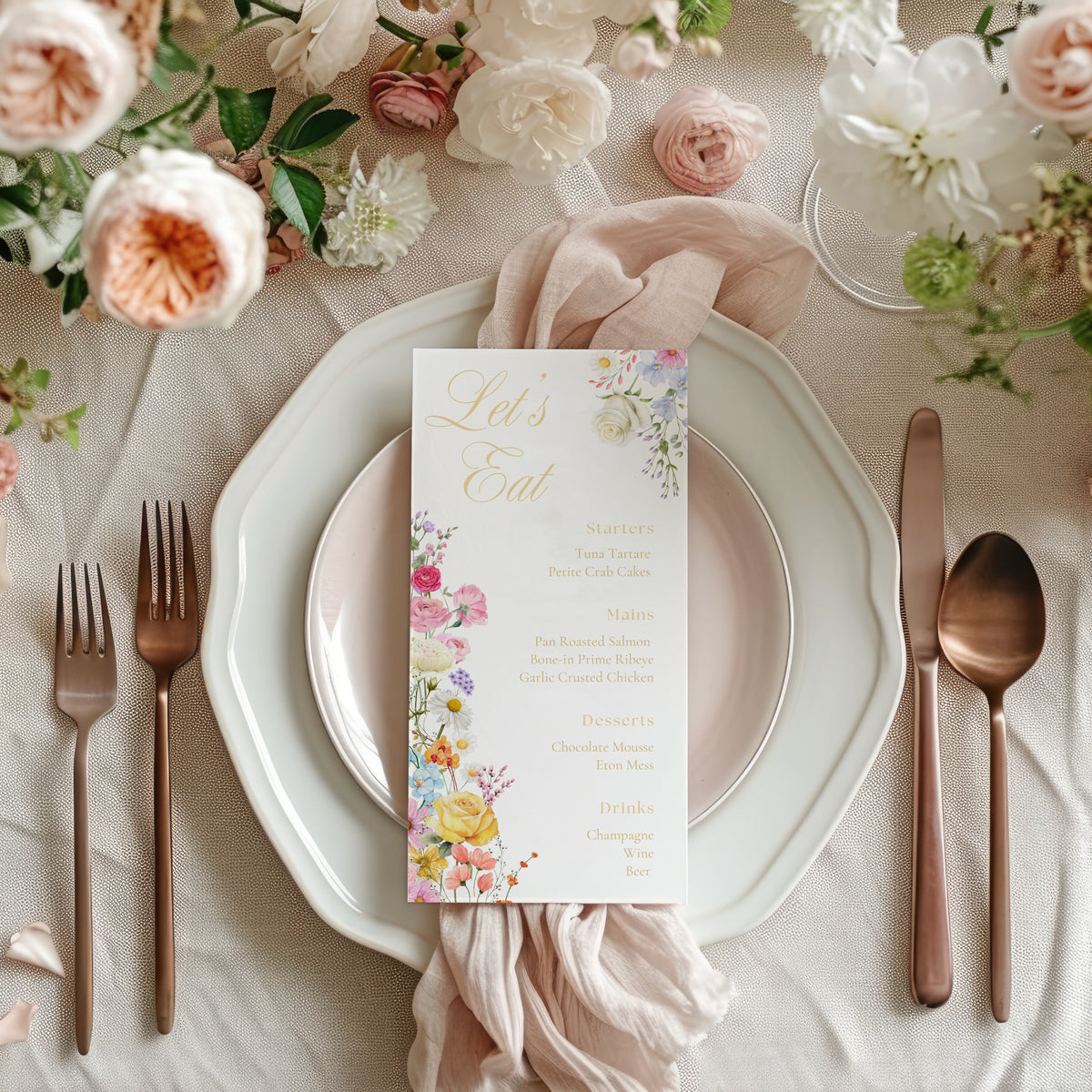 Personalised Wedding Menu Cards - Our Summer Collection features beautiful wedding stationery and signage with gentle summer colours, vibrant florals, and soft butter yellow text – perfect for adding a fresh, romantic feel to your special day.