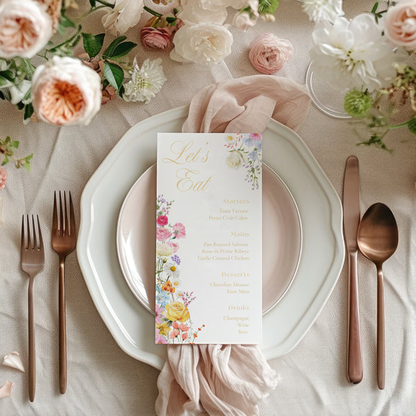 Personalised Wedding Menu Cards - Our Summer Collection features beautiful wedding stationery and signage with gentle summer colours, vibrant florals, and soft butter yellow text – perfect for adding a fresh, romantic feel to your special day.