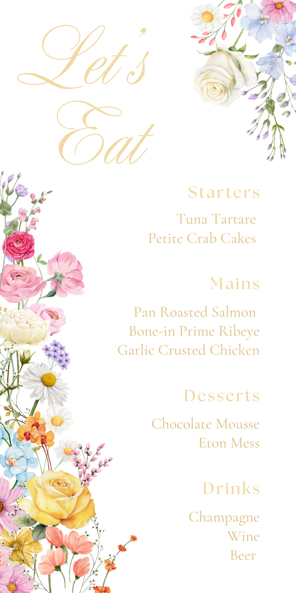 Personalised Wedding Menu Cards - Our Summer Collection features beautiful wedding stationery and signage with gentle summer colours, vibrant florals, and soft butter yellow text – perfect for adding a fresh, romantic feel to your special day.