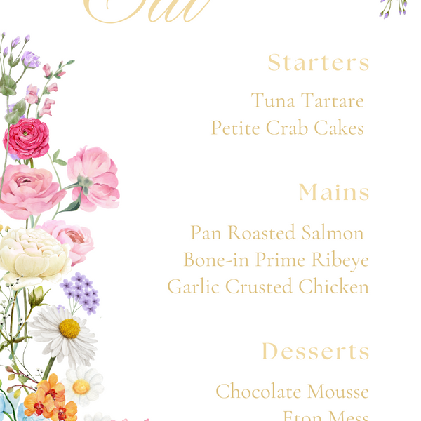 Personalised Wedding Menu Cards - Our Summer Collection features beautiful wedding stationery and signage with gentle summer colours, vibrant florals, and soft butter yellow text – perfect for adding a fresh, romantic feel to your special day.