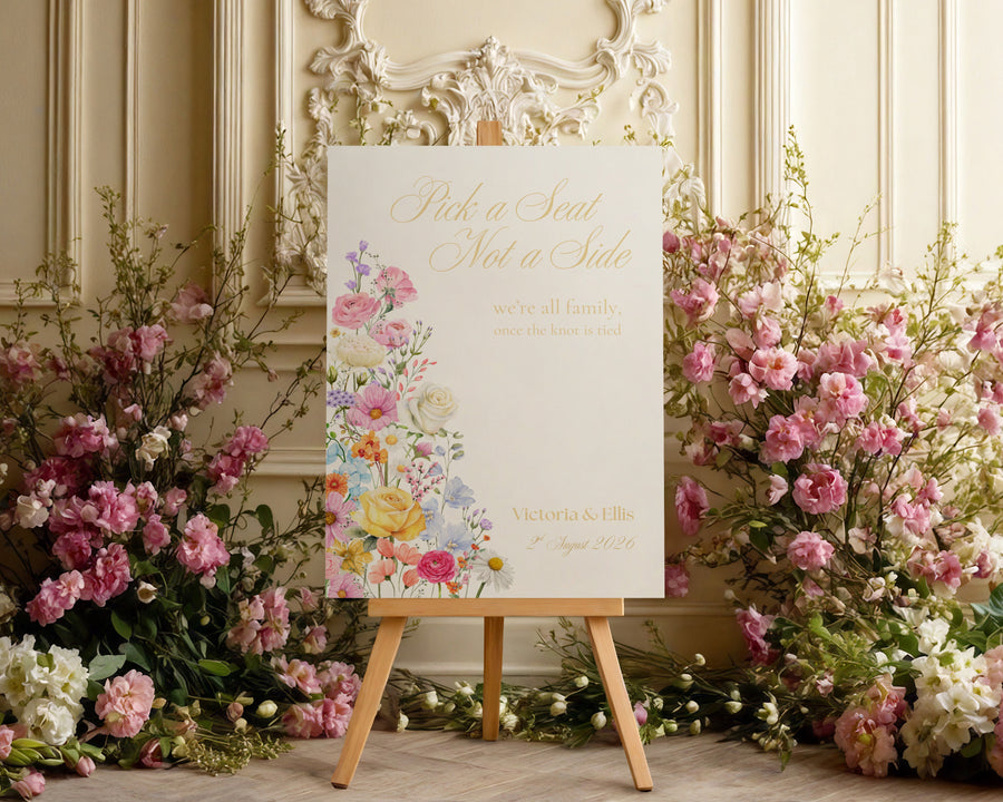 Pick a Seat Not a Side Wedding Welcome Sign - Our Summer Collection features beautiful wedding stationery and signage with gentle summer colours, vibrant florals, and soft butter yellow text – perfect for adding a fresh, romantic feel to your special day.