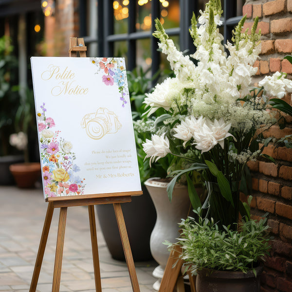 Wedding Polite Photography Notice - Our Summer Collection features beautiful wedding stationery and signage with gentle summer colours, vibrant florals, and soft butter yellow text – perfect for adding a fresh, romantic feel to your special day.