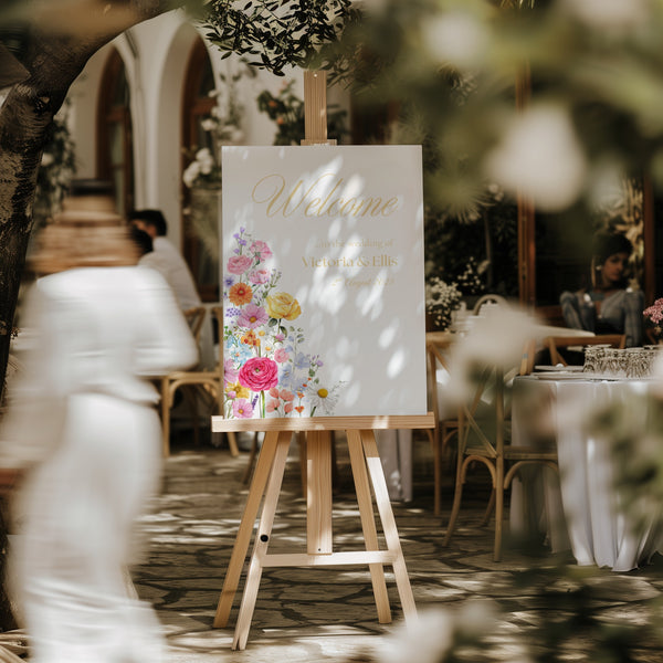 Portrait Wedding Welcome Sign - Our Summer Collection features beautiful wedding stationery and signage with gentle summer colours, vibrant florals, and soft butter yellow text – perfect for adding a fresh, romantic feel to your special day.