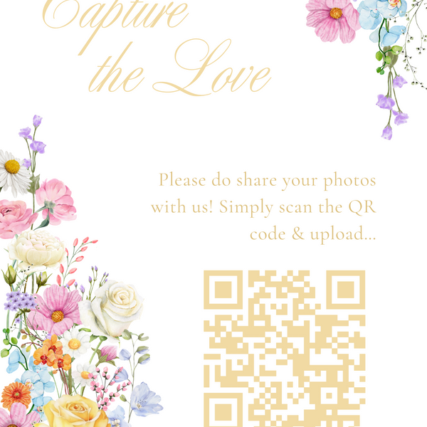 Photo Sharing QR Code Wedding Sign - Summer Collection features beautiful wedding stationery and signage with gentle summer colours, vibrant florals, and soft butter yellow text – perfect for adding a fresh, romantic feel to your special day.