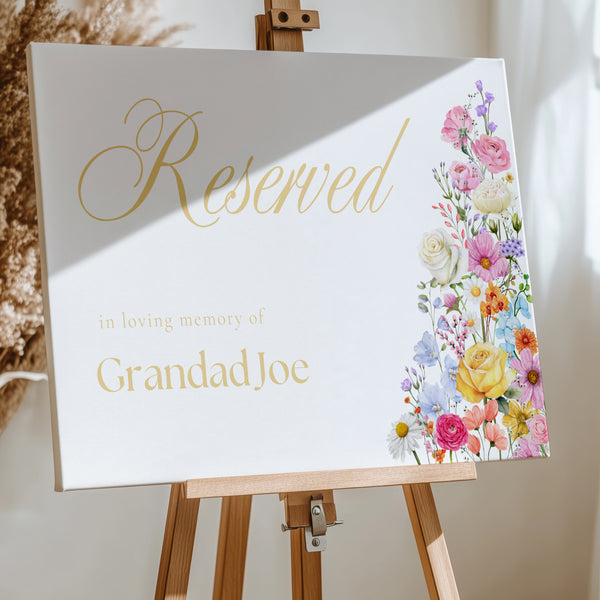 Reserved in Memory Chair Sign - Our Summer Collection features beautiful wedding stationery and signage with gentle summer colours, vibrant florals, and soft butter yellow text – perfect for adding a fresh, romantic feel to your special day.
