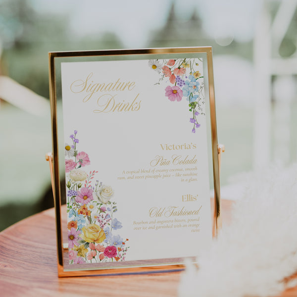 Custom Wedding Signature Drinks Sign - Our Summer Collection features beautiful wedding stationery and signage with gentle summer colours, vibrant florals, and soft butter yellow text – perfect for adding a fresh, romantic feel to your special day.