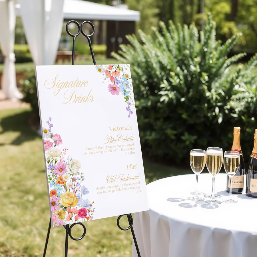 Custom Wedding Signature Drinks Sign - Our Summer Collection features beautiful wedding stationery and signage with gentle summer colours, vibrant florals, and soft butter yellow text – perfect for adding a fresh, romantic feel to your special day.