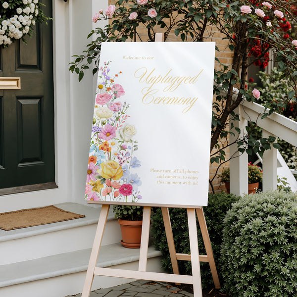 Unplugged Ceremony Wedding Sign - Our Summer Collection features beautiful wedding stationery and signage with gentle summer colours, vibrant florals, and soft butter yellow text – perfect for adding a fresh, romantic feel to your special day.