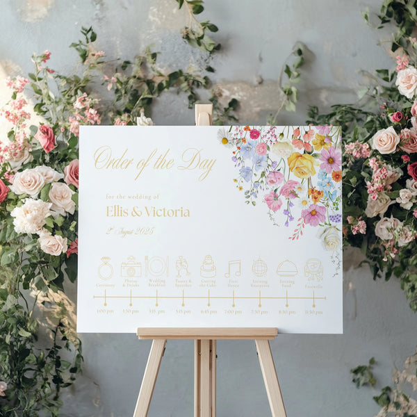 Order of the day wedding sign personalised - Summer Collection features beautiful wedding stationery and signage with gentle summer colours, vibrant florals, and soft butter yellow text – perfect for adding a fresh, romantic feel to your special day.