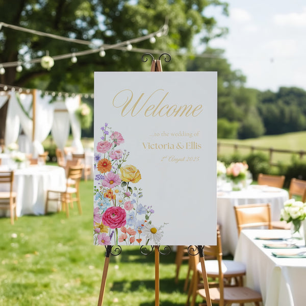 Portrait Wedding Welcome Sign - Our Summer Collection features beautiful wedding stationery and signage with gentle summer colours, vibrant florals, and soft butter yellow text – perfect for adding a fresh, romantic feel to your special day.
