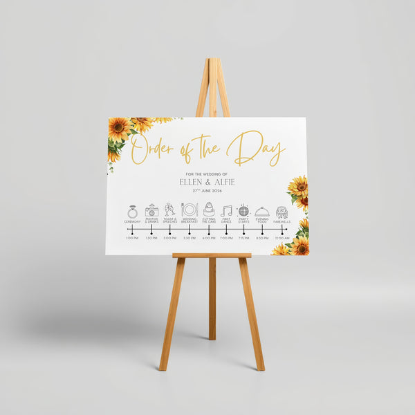 sunflowers floral order of the day sign - personalised order of events board, featuring sophisticated sunflower florals and elegant text and icons.