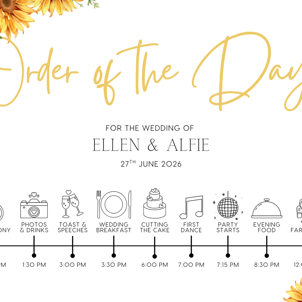 sunflowers floral order of the day sign - personalised order of events board, featuring sophisticated sunflower florals and elegant text and icons.