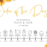 sunflowers floral order of the day sign - personalised order of events board, featuring sophisticated sunflower florals and elegant text and icons.