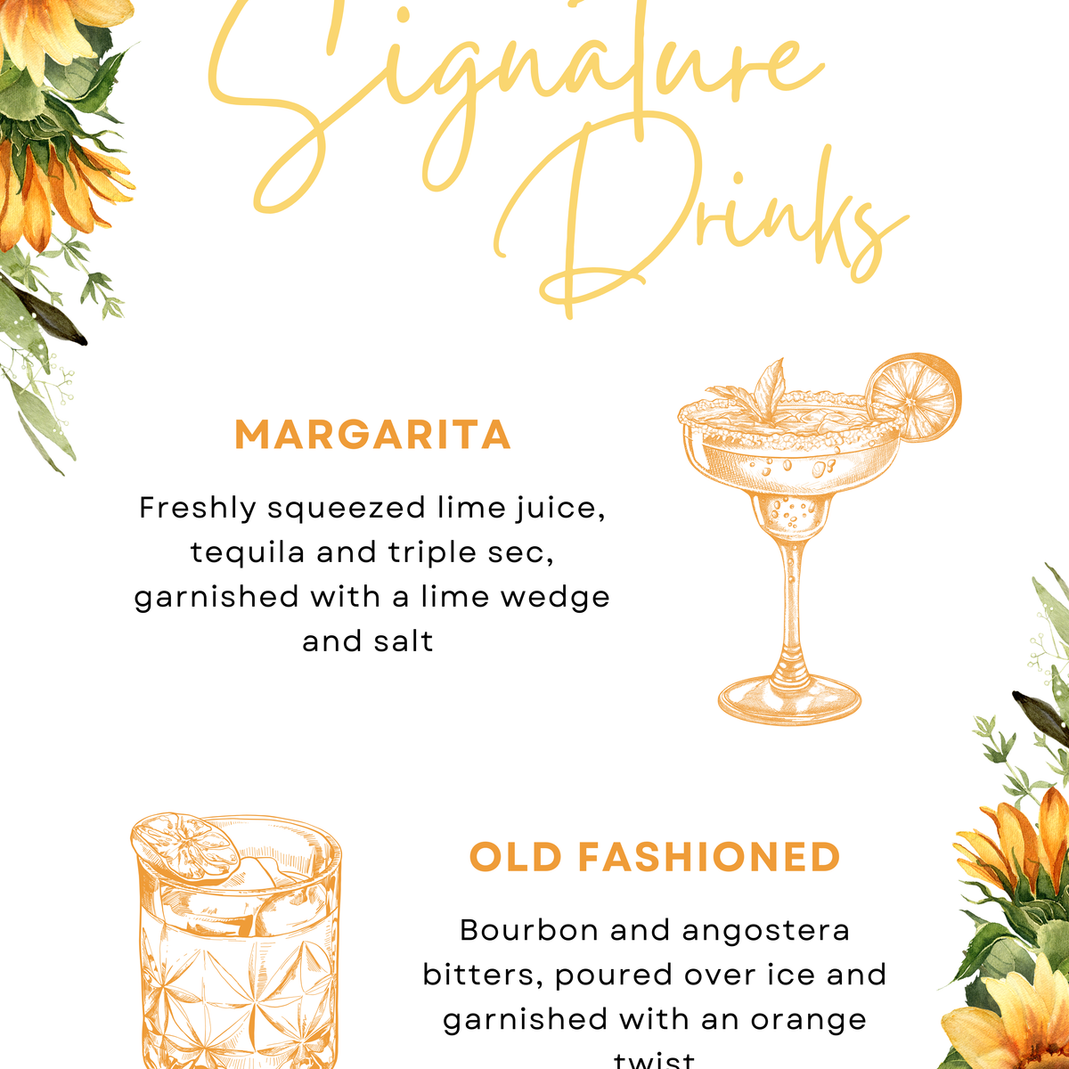 sunflowers floral signature drinks sign - personalised signature cocktails wedding sign uk