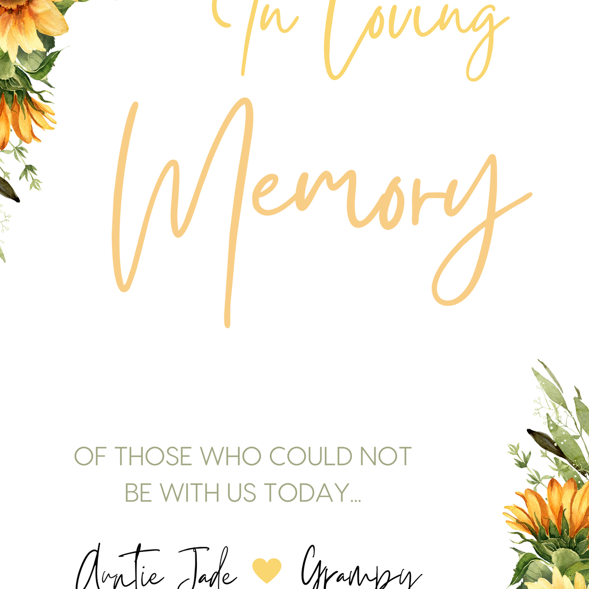 sunflowers floral in loving memory table sign - affordable personalised wedding signs