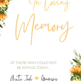 sunflowers floral in loving memory table sign - affordable personalised wedding signs