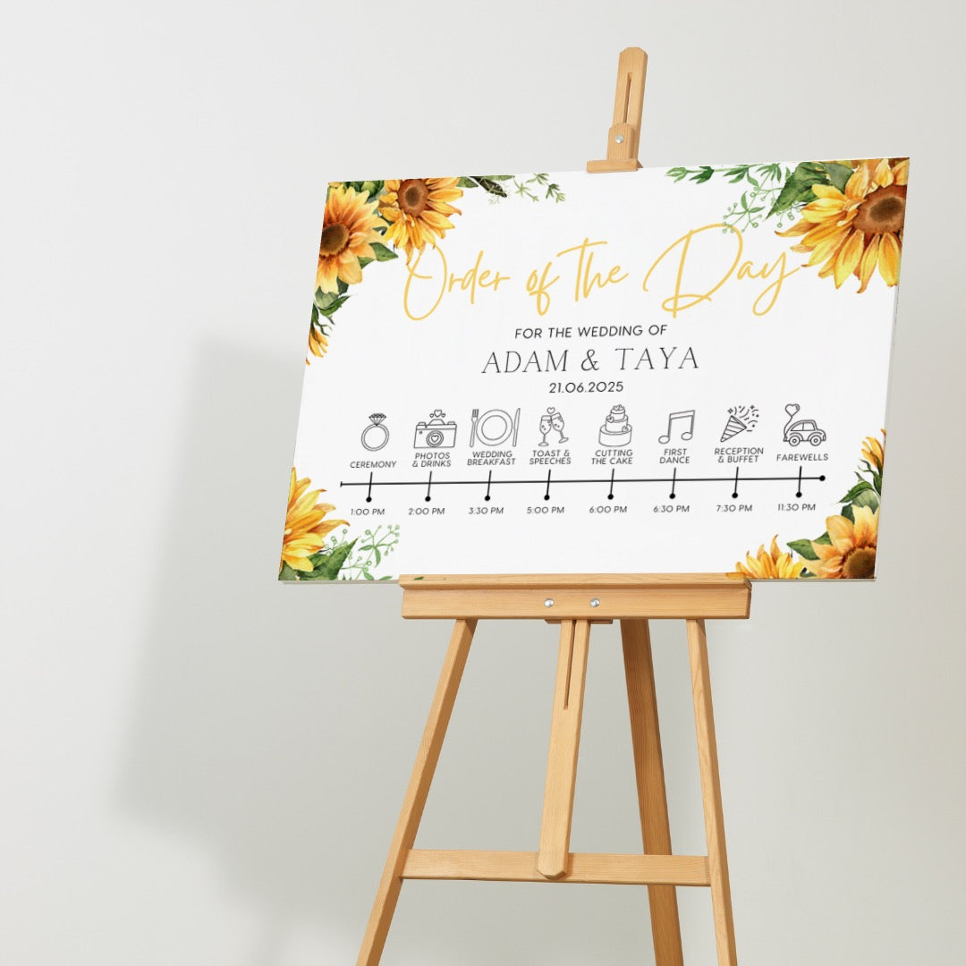 sunflowers floral wedding order of the day sign - affordable personalised wedding signs