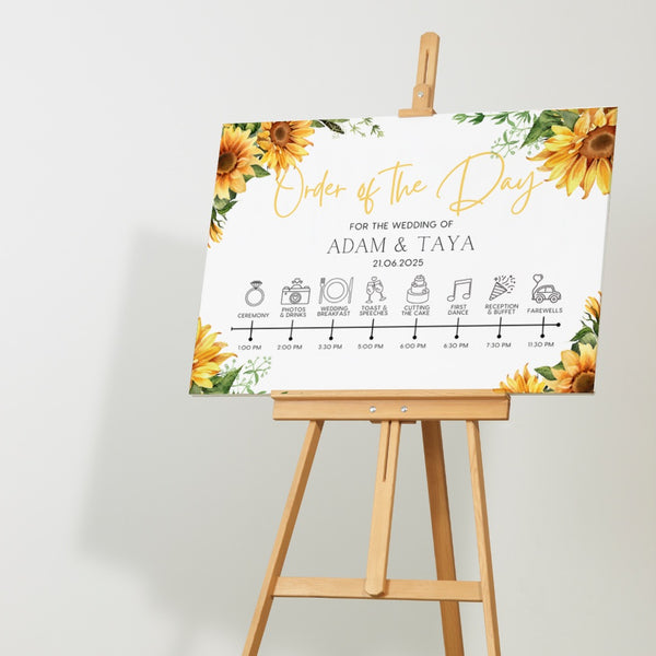 sunflowers floral wedding order of the day sign - affordable personalised wedding signs