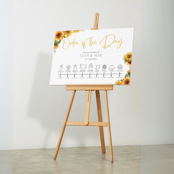 sunflowers floral order of the day sign - personalised order of events board, featuring sophisticated sunflower florals and elegant text and icons.