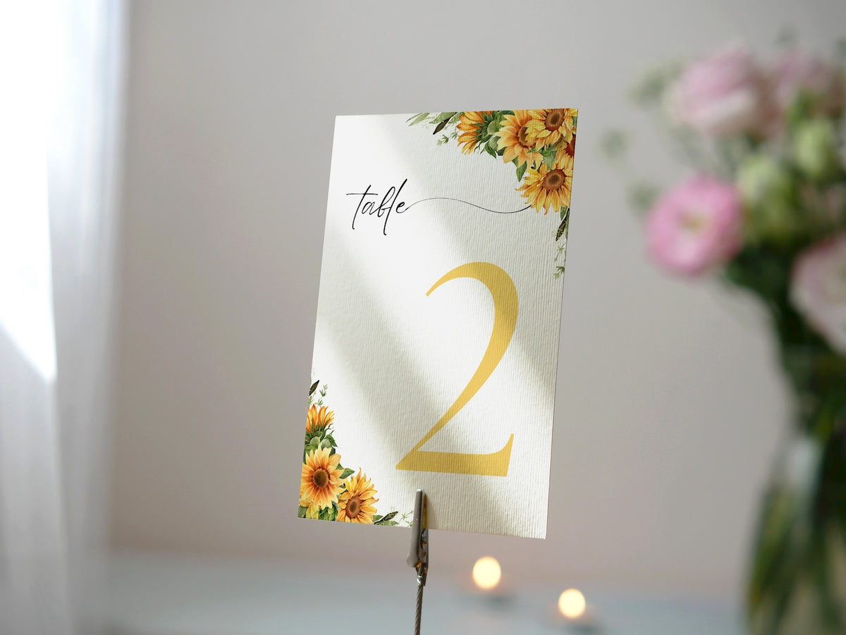 sunflower floral table number for wedding tables - luxury wedding table numbers personalised