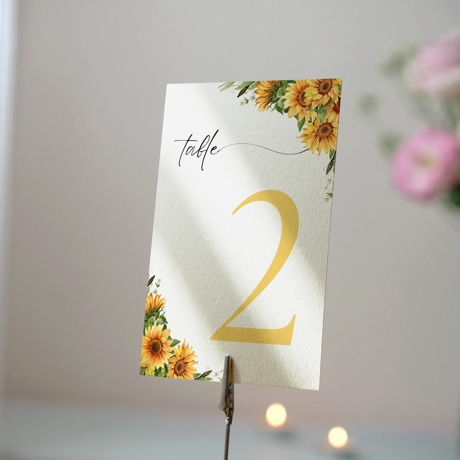sunflower floral table number for wedding tables - luxury wedding table numbers personalised
