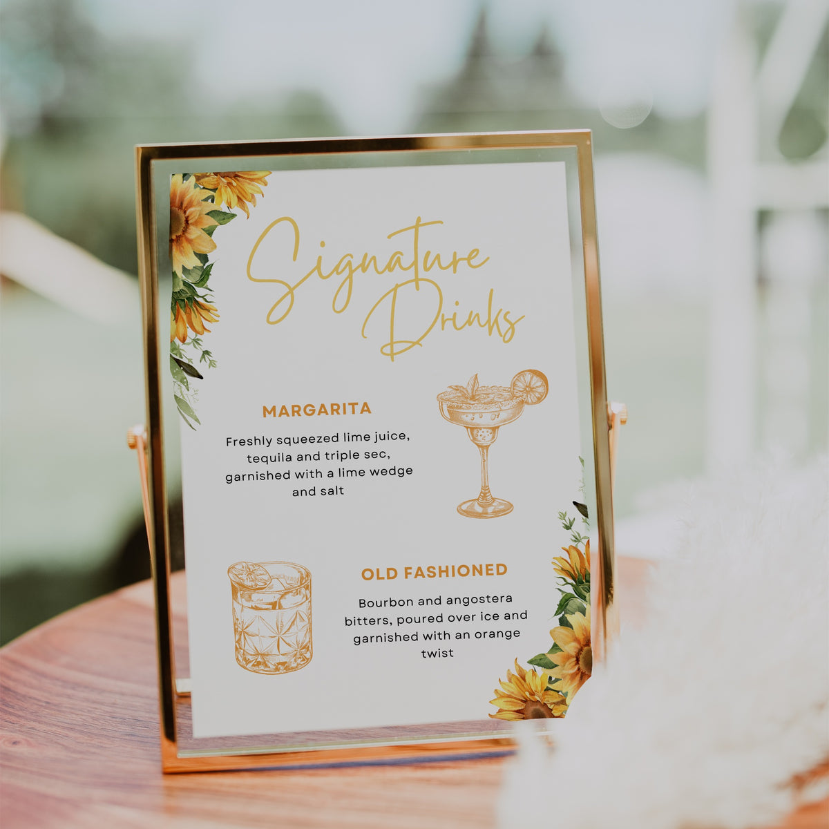 sunflowers floral signature drinks sign - personalised signature cocktails wedding sign uk