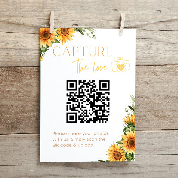 sunflowers floral guest photo sharing QR code sign - personalised wedding reception sign