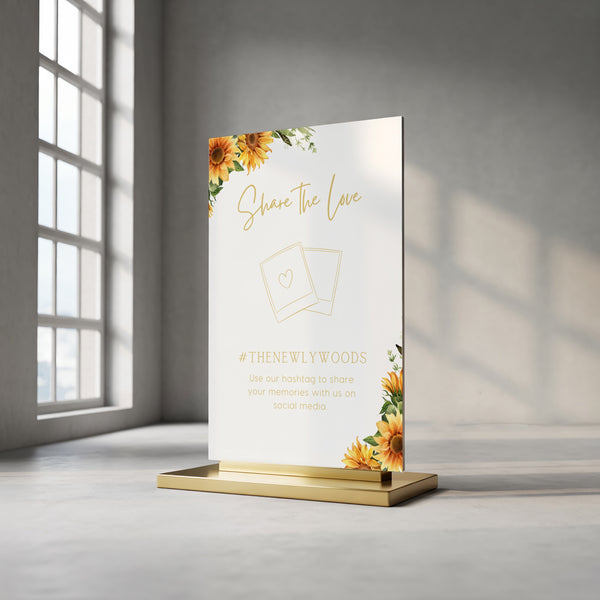 Sunflower Floral Wedding Hashtag Sign for Reception Display - Personalised wedding hashtag social media sign