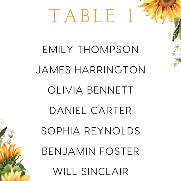 Custom Wedding Seating Plan Cards A5 or A6 – Elegant A5 or A6 wedding seating plan cards printed on 350gsm cardstock, featuring table numbers and guest names.