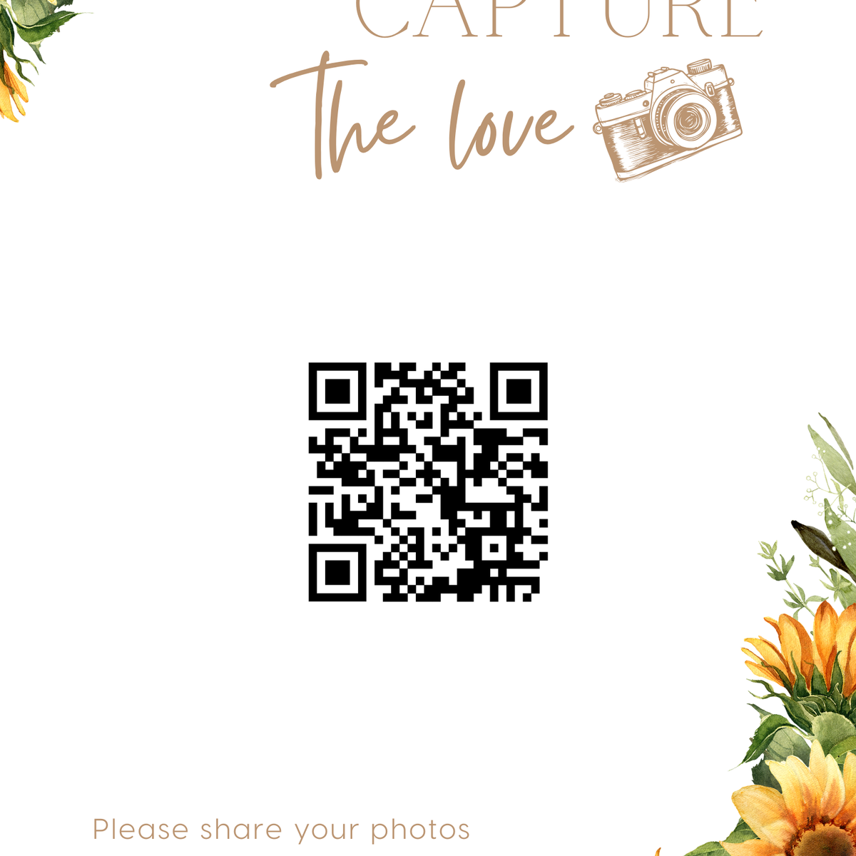 rustic sunflowers photo sharing qr code sign for wedding tables - luxury wedding table signage for guests to share photos