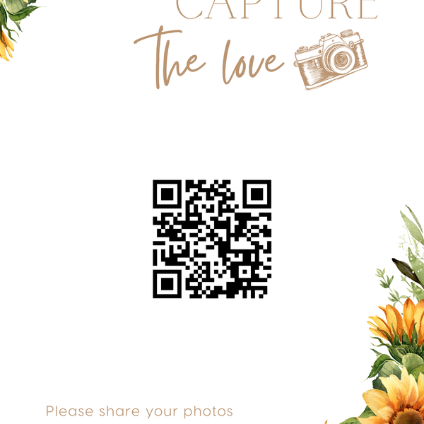 rustic sunflowers photo sharing qr code sign for wedding tables - luxury wedding table signage for guests to share photos