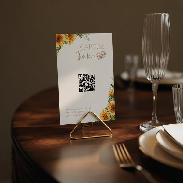 rustic sunflowers photo sharing qr code sign for wedding tables - luxury wedding table signage for guests to share photos