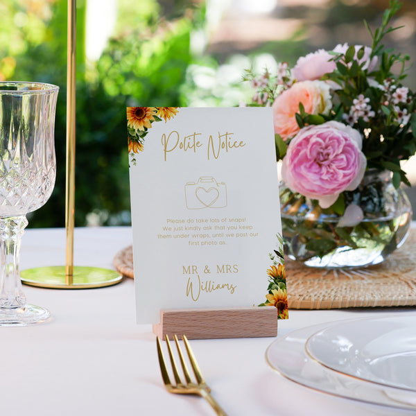 sunflowers floral polite notice wedding sign - Polite notice card for wedding display - luxury wedding signage