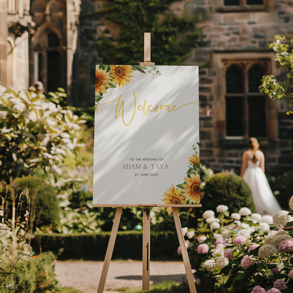 sunflowers floral wedding welcome sign personalised - custom wedding welcome board, with your unique names and dates, with a beautiful and joyous sunflower themed design.