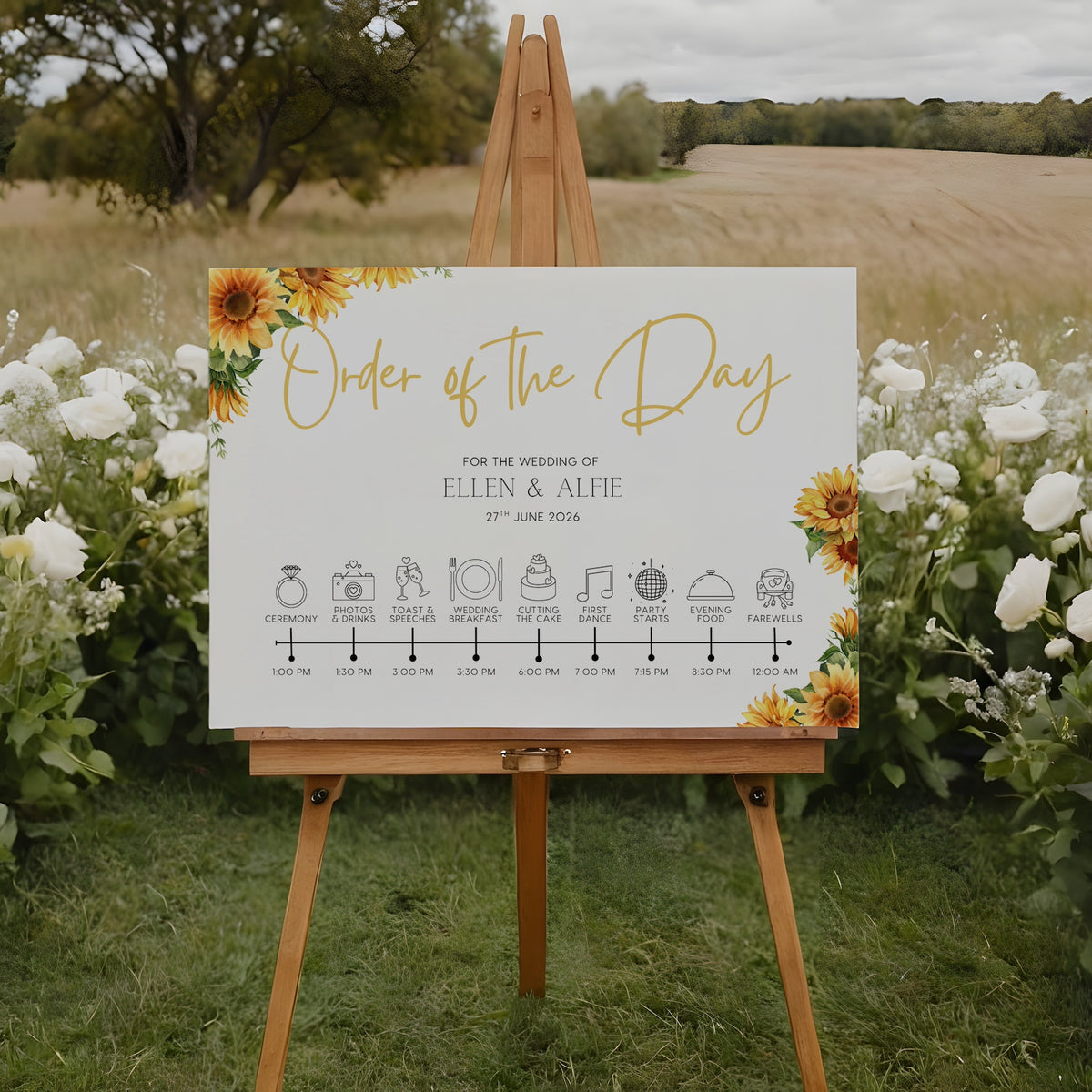 sunflowers floral order of the day sign - personalised order of events board, featuring sophisticated sunflower florals and elegant text and icons.