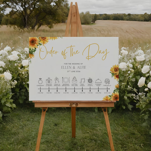 sunflowers floral order of the day sign - personalised order of events board, featuring sophisticated sunflower florals and elegant text and icons.