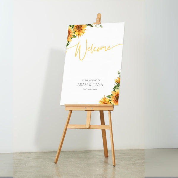 sunflowers floral wedding welcome sign personalised - custom wedding welcome board, with your unique names and dates, with a beautiful and joyous sunflower themed design.