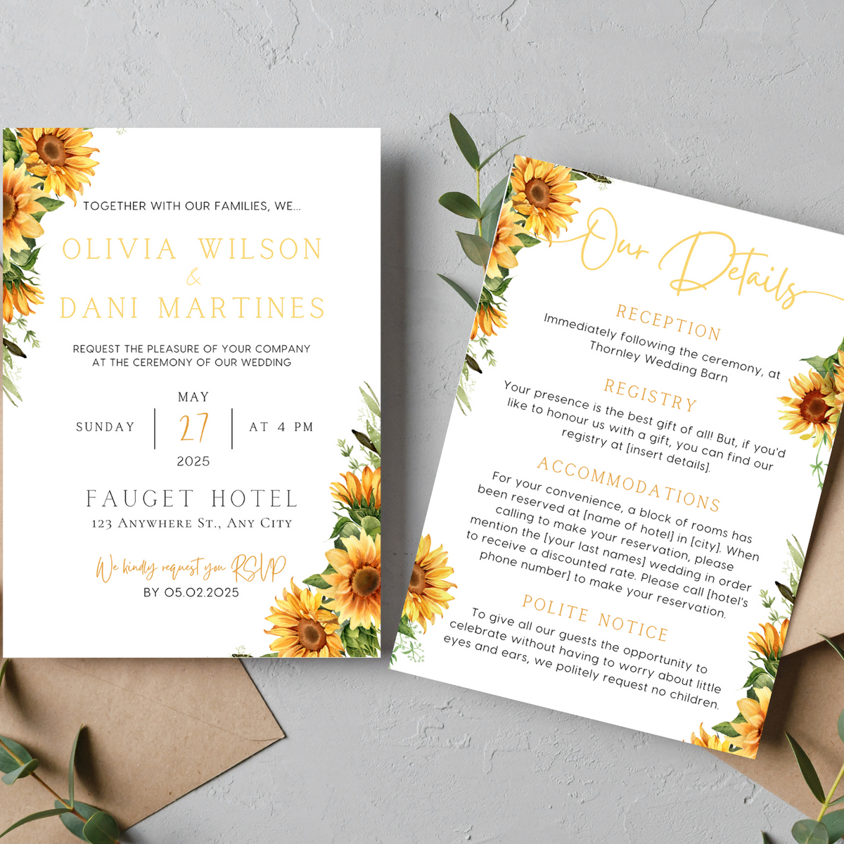 sunflowers floral wedding invites - affordable perosnalised wedding invitations