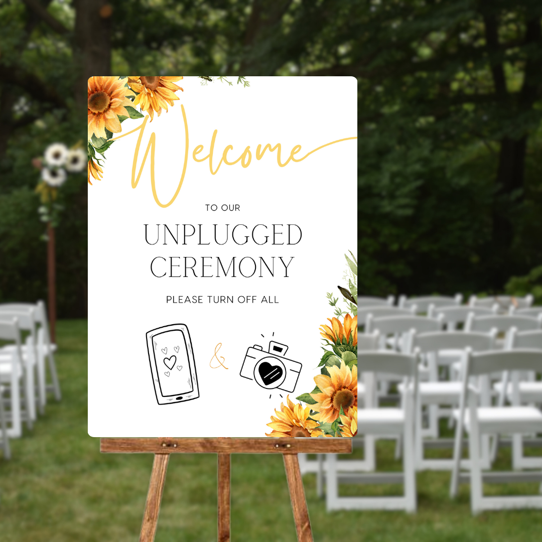 sunflowers floral unplugged ceremony sign - affordable personalised wedding signs