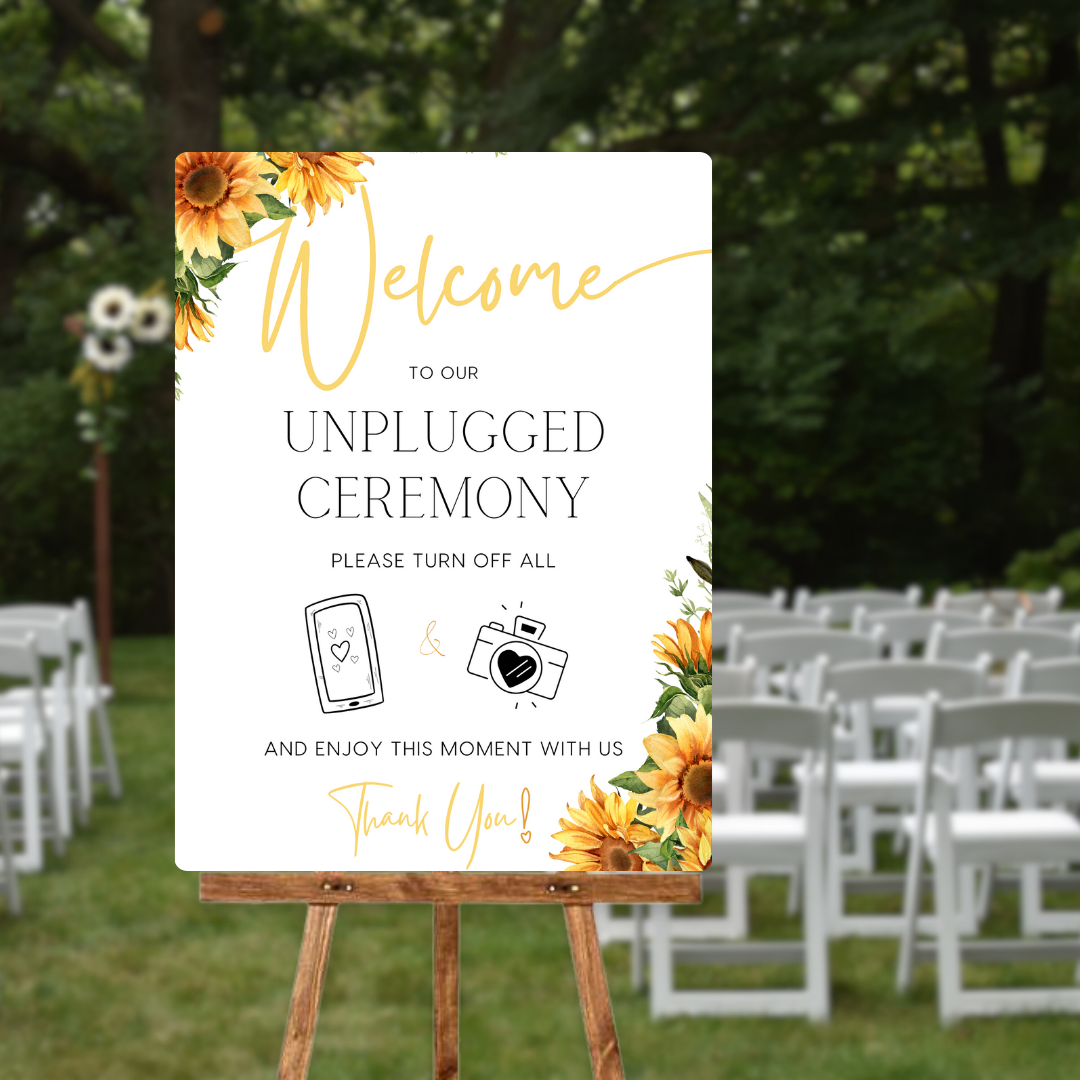 sunflowers floral unplugged ceremony sign - affordable personalised wedding signs