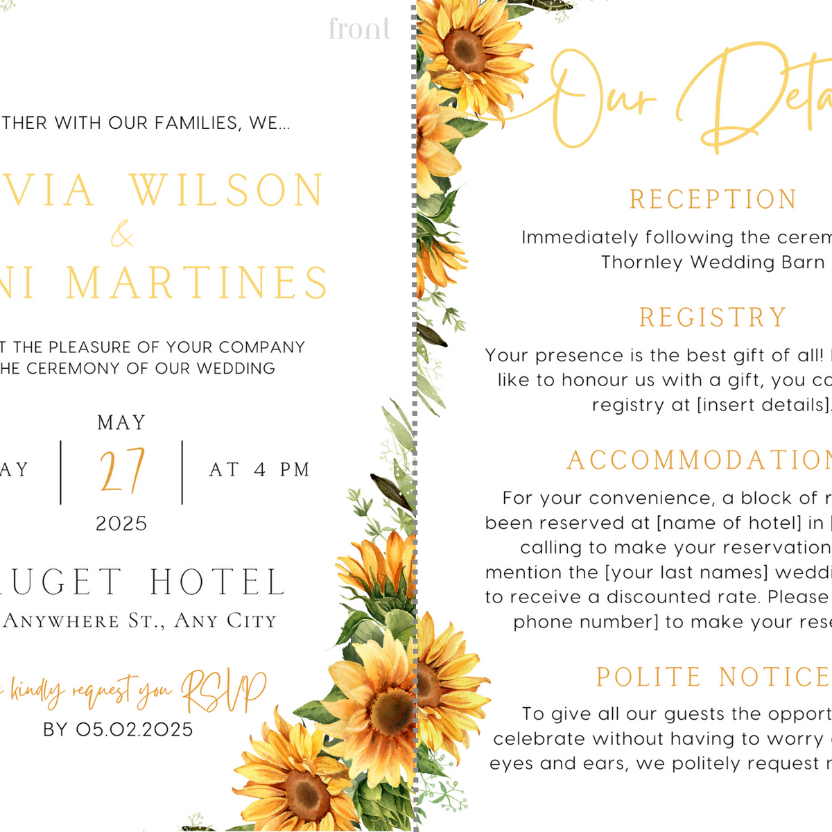 sunflowers floral wedding invites - affordable perosnalised wedding invitations