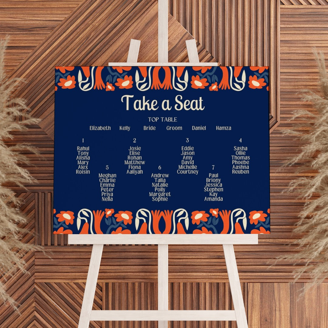 retro navy wedding seating plan sign - affordable personalised wedding signs