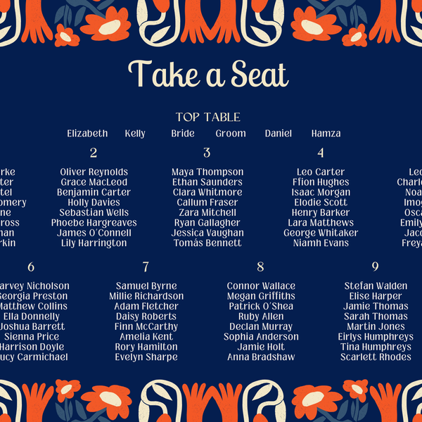 retro navy wedding seating plan personalised - custom wedding seating chart